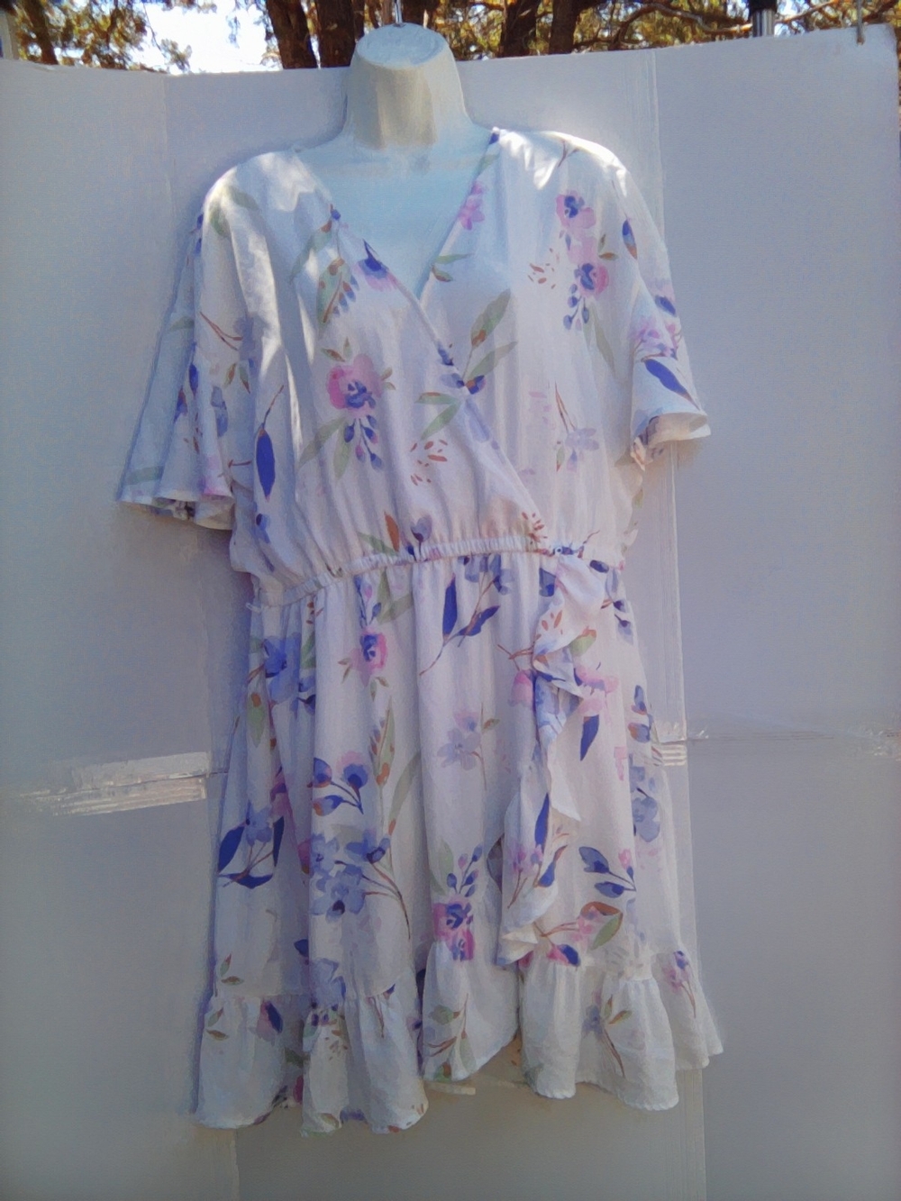 Ladies White Floral Wrap Dress with Pastel Accents